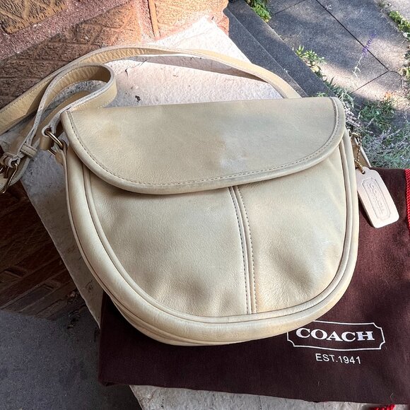 COACH Vintage 80s Paris Small Taupe Cream Bone Half Moon Shoulder Crossbody Dust - Picture 1 of 8